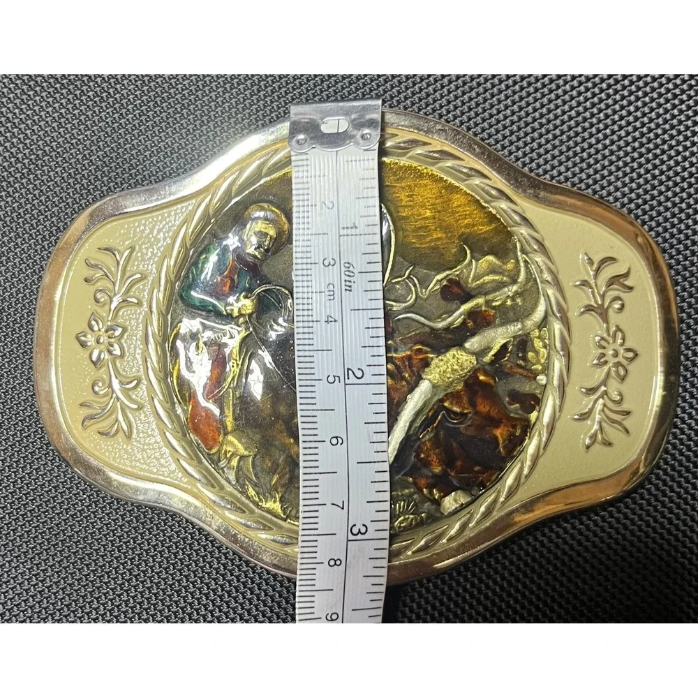 MBCI Belt Buckle Mens Gold Tone Western‎ Cowboy Rodeo Roping Longhorn Enamel